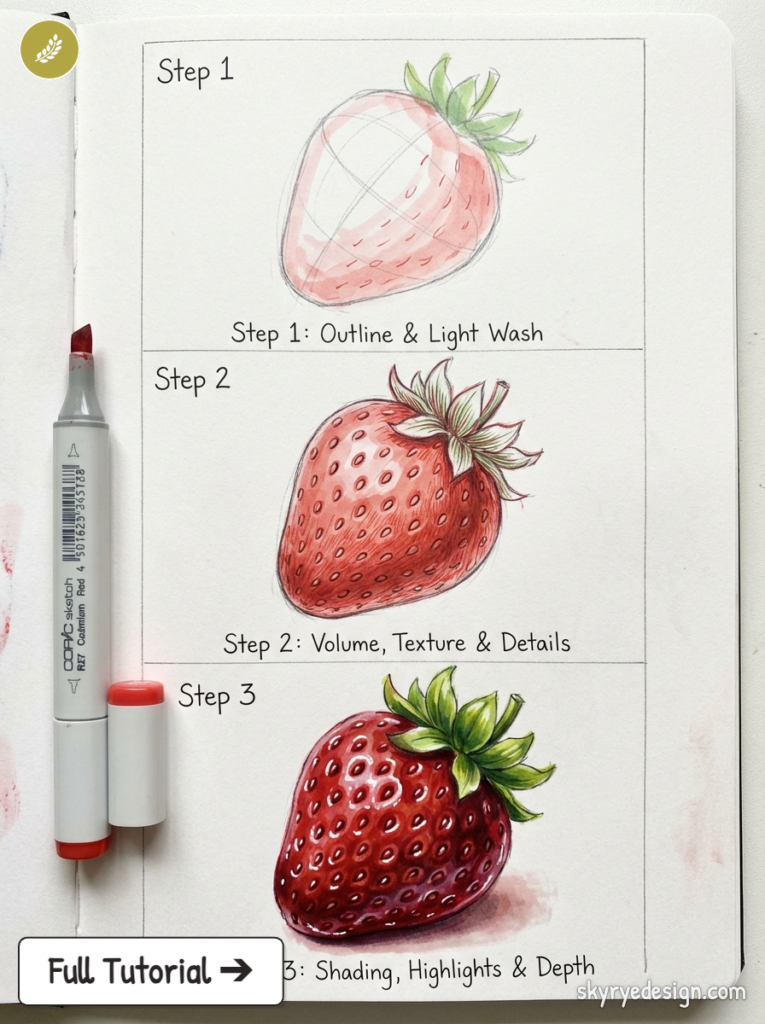 3-step strawberry drawing tutorial in sketchbook showing outline, texture, shading with Copic markers
