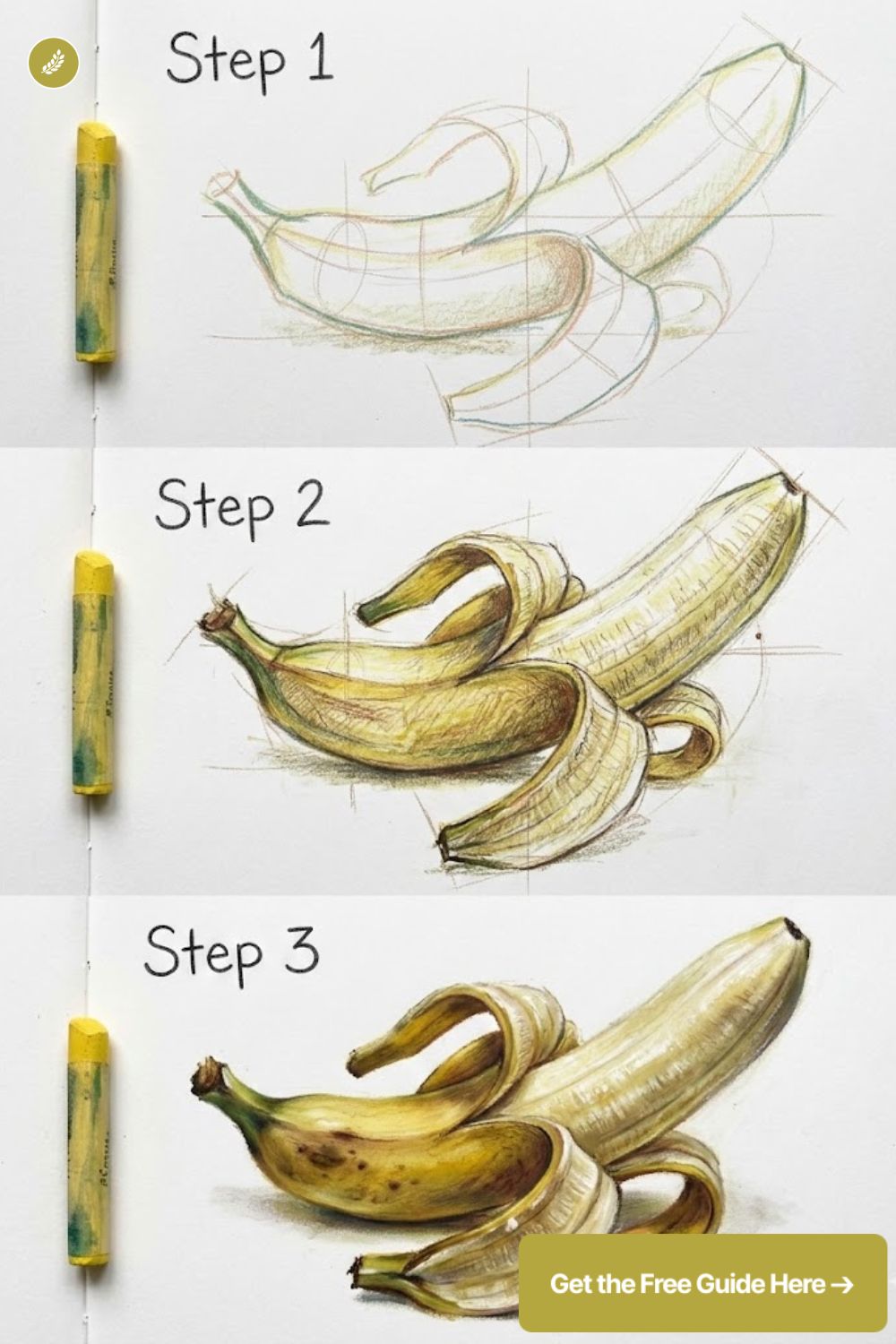 3-step colored pencil banana drawing tutorial — sketch to realistic peeled banana illustration