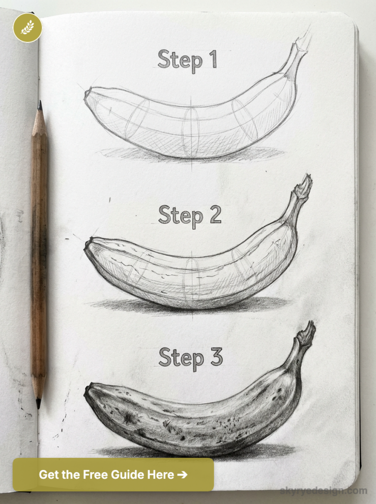 Banana drawing tutorial - pencil sketch showing three steps from outline to shaded banana in a sketchbook