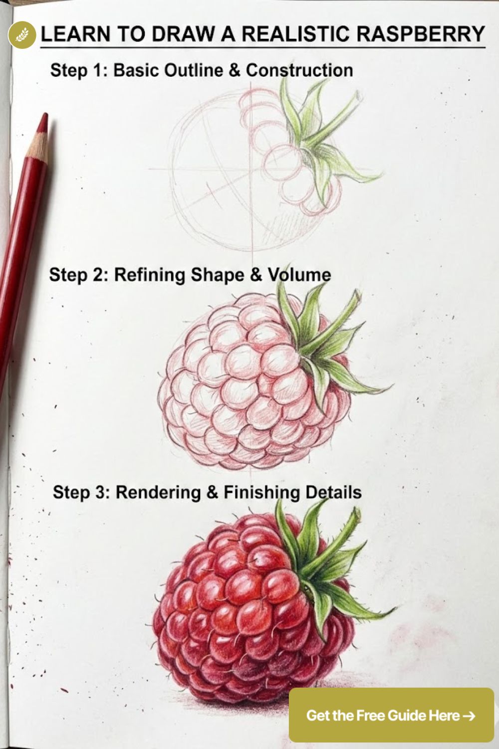 Learn to draw a realistic raspberry: step-by-step sketch, shape refinement, and finished colored-pencil rendering.
