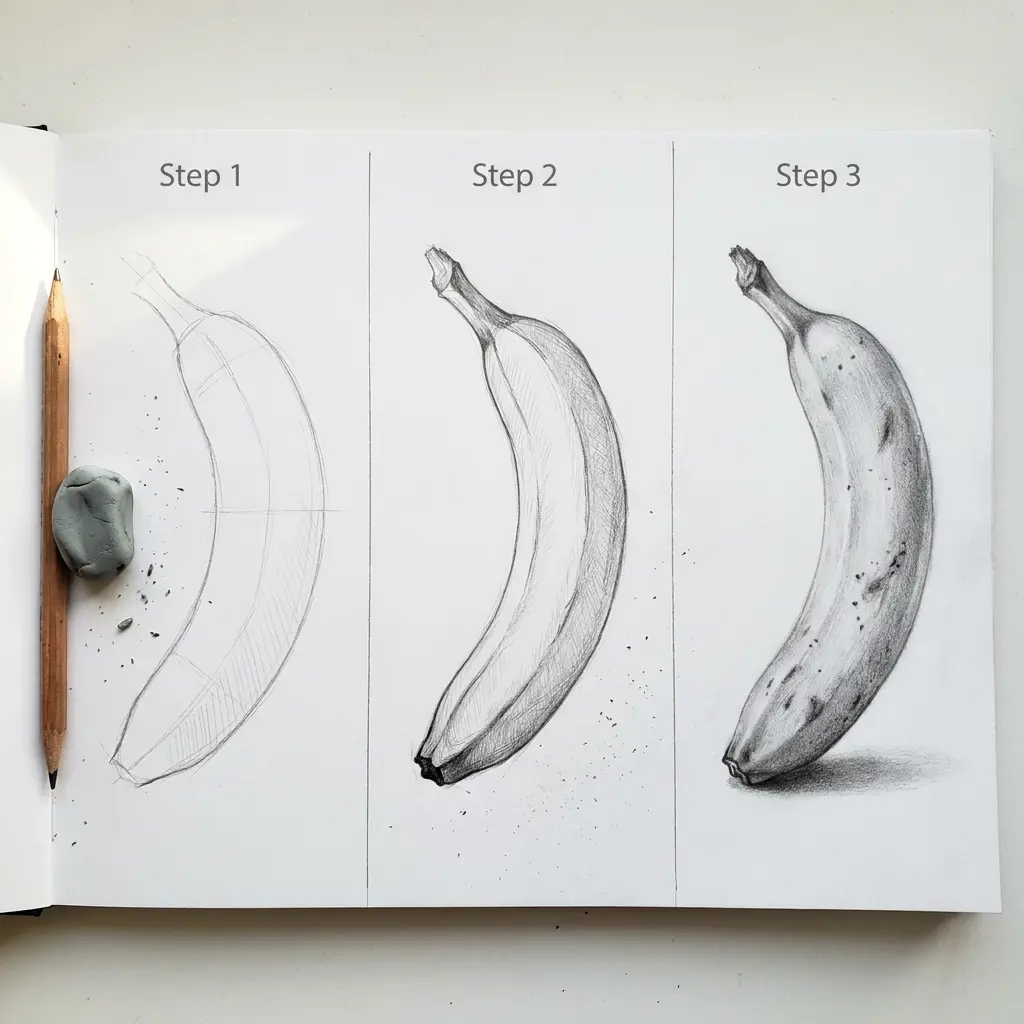 Three-step banana pencil drawing tutorial in sketchbook with pencil and kneaded eraser
