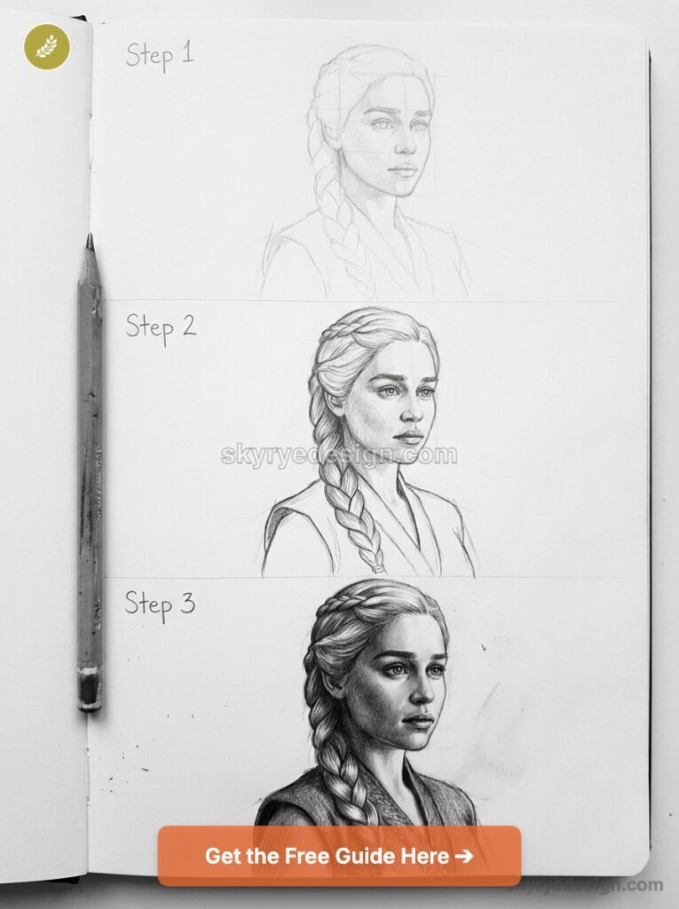Three-step pencil portrait tutorial of a woman with braided hair in a sketchbook, pencil and'Get the Free Guide' button.