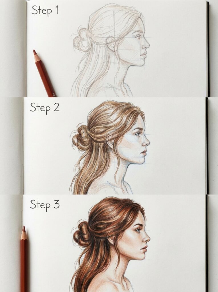 3-step colored-pencil portrait tutorial: female profile with loose bun, sketch to realistic finished drawing