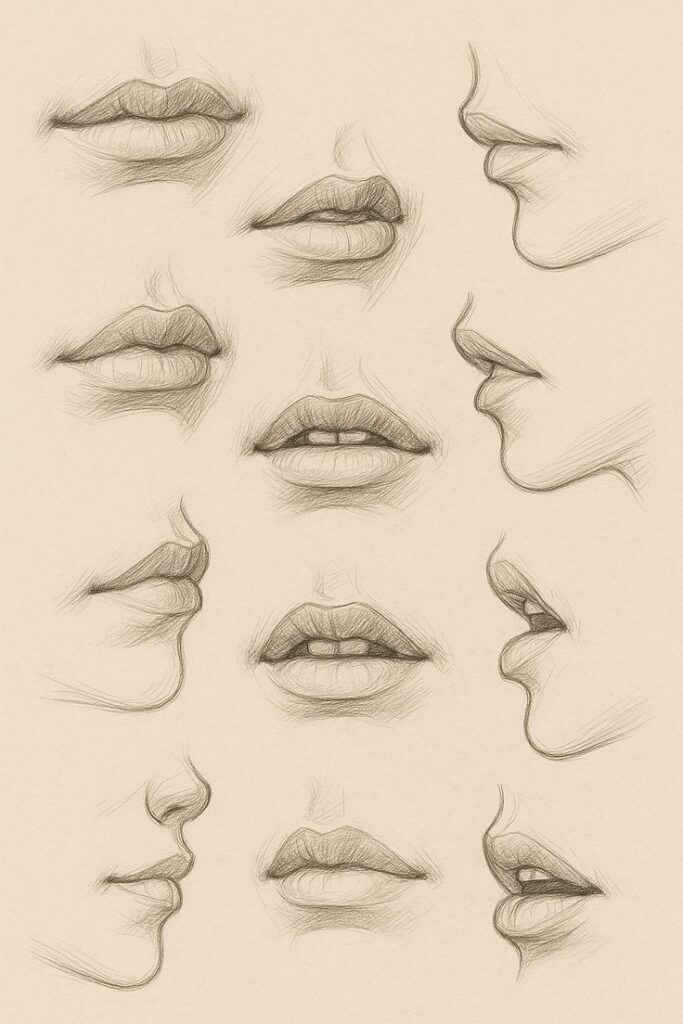 Sketch of multiple lip expressions from various angles, showcasing detailed pencil work on a beige background.