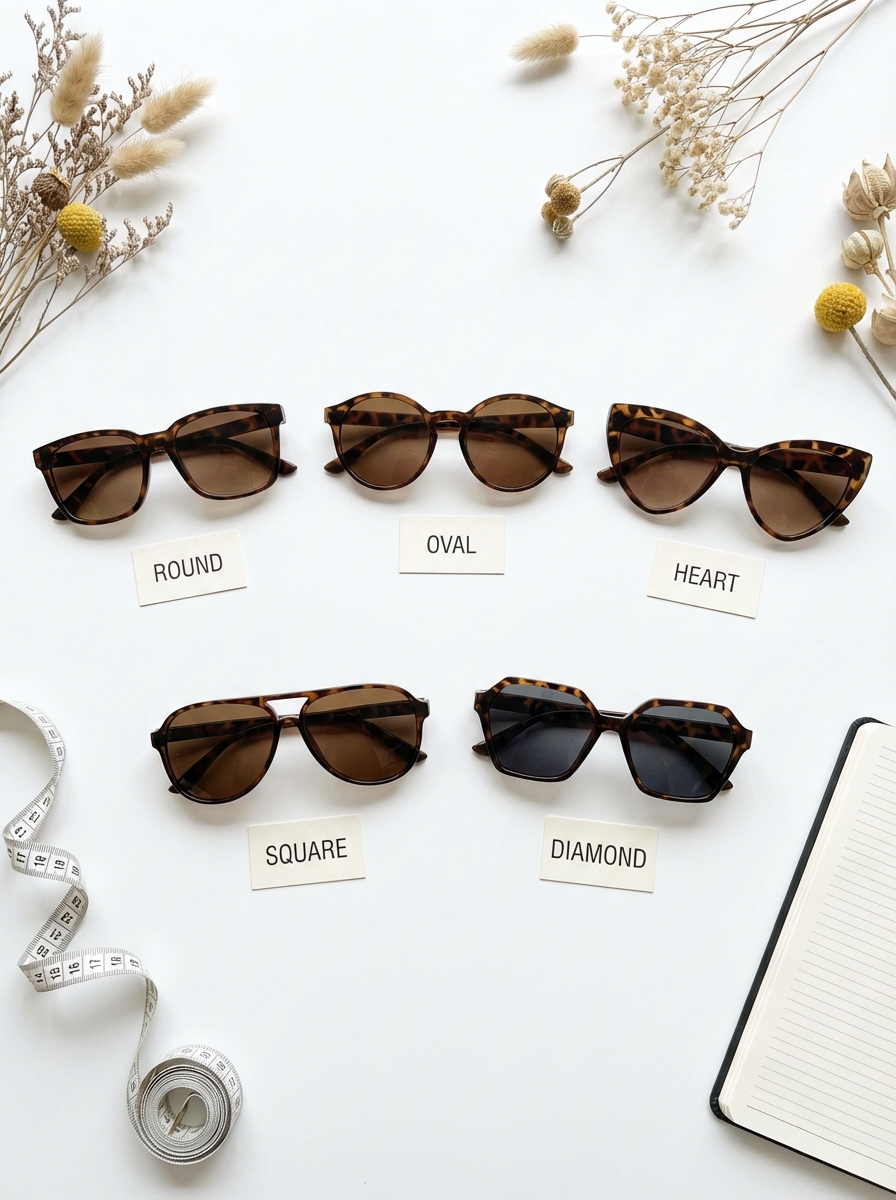 Flatlay of five tortoiseshell sunglasses styles (round, oval, heart, square, diamond) with measuring tape and notebook