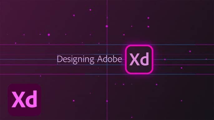 Adobe XD design interface with purple background and logo, showcasing UI/UX design capabilities.