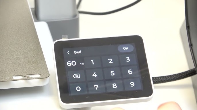 hq720 3 Touchscreen panel displaying temperature setting controls for a 3D printer with numeric keypad and OK button. | Sky Rye Design Touchscreen panel displaying temperature setting controls for a 3D printer with numeric keypad and OK button.