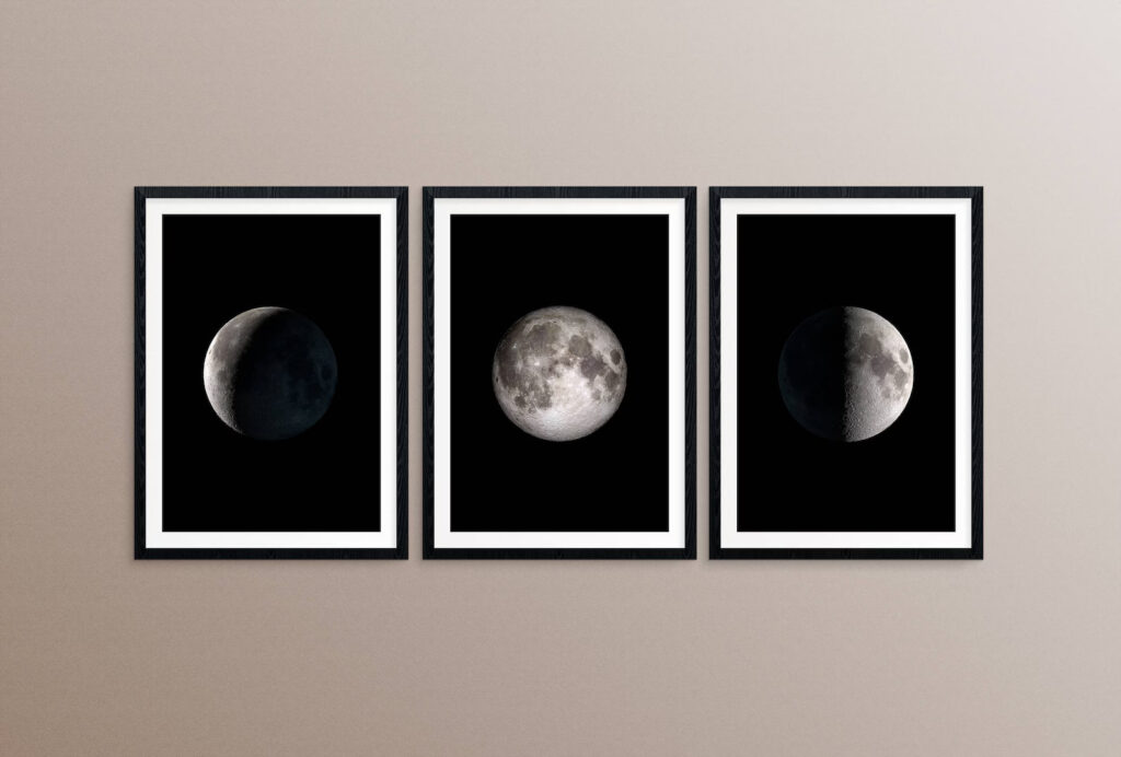 Three framed moon phase prints on a wall: waxing crescent, full moon, and waning gibbous.