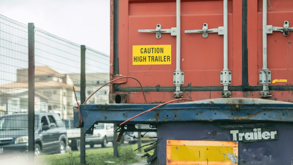 Red trailer with Caution High Trailer sign, parked near a fence with vehicles in the background.