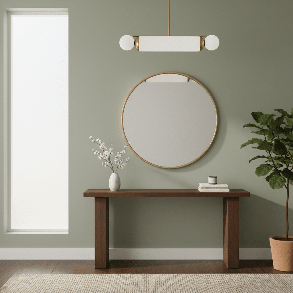 Modern minimalist entryway with round mirror, wooden console table, and potted plant against a green wall.
