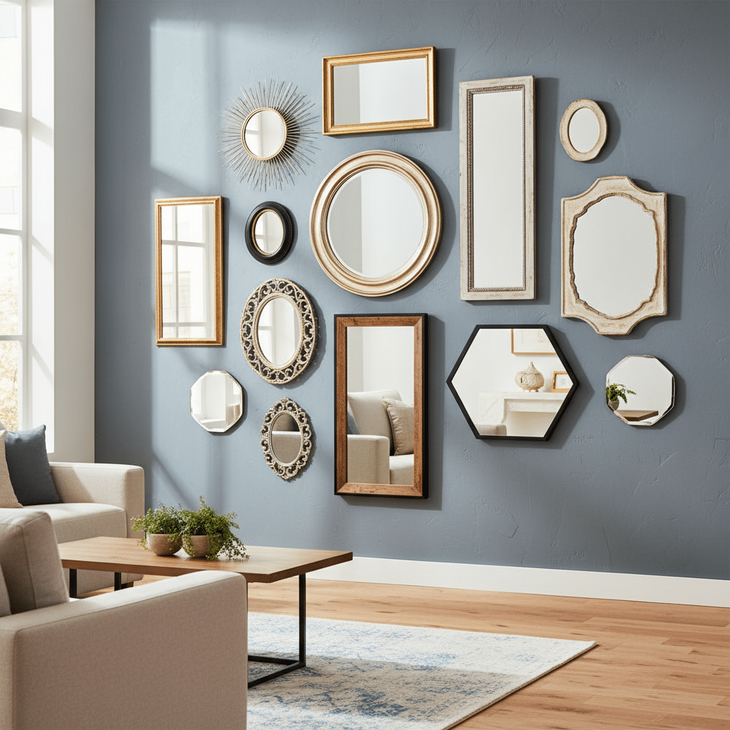 Wall with diverse mirrors in modern living room, reflecting light and adding style to elegant home decor.