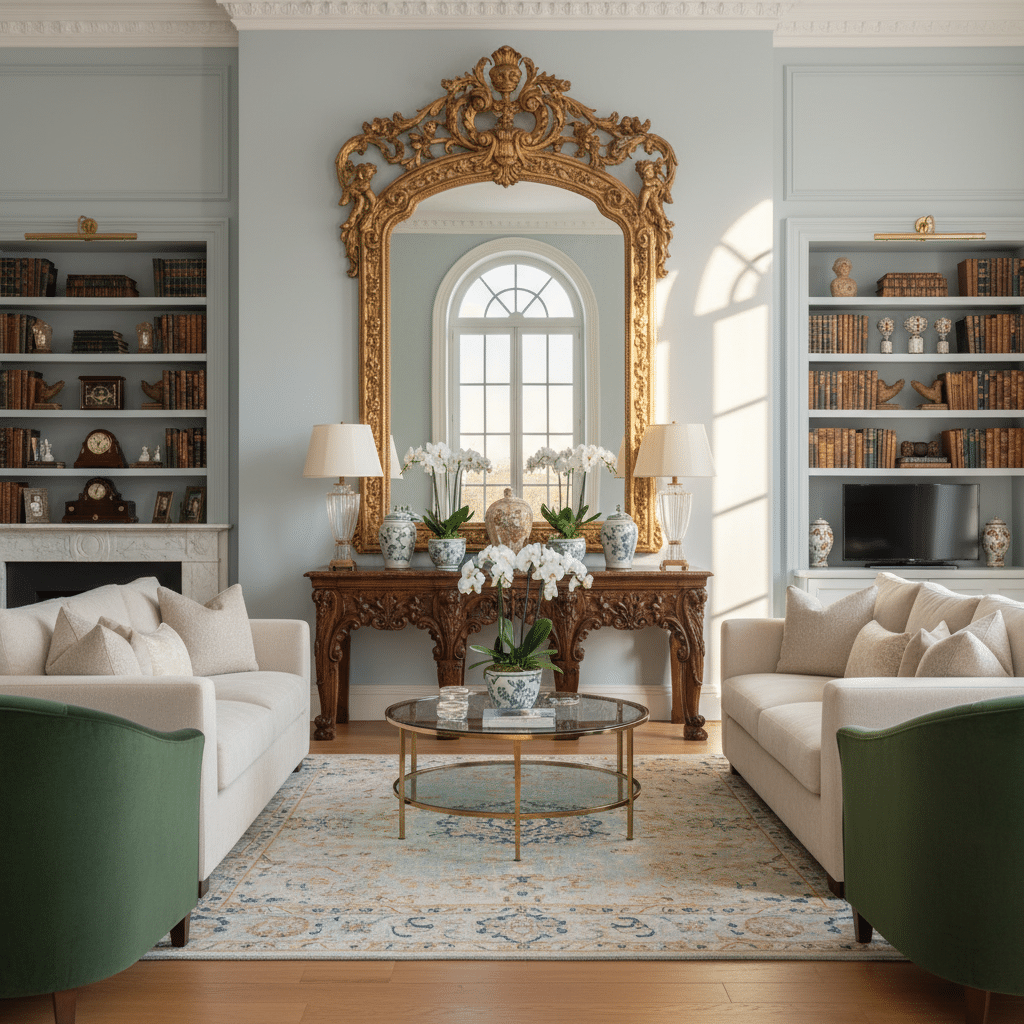 Elegant living room with ornate mirror, plush sofas, floral accents, and built-in bookshelves filled with books.