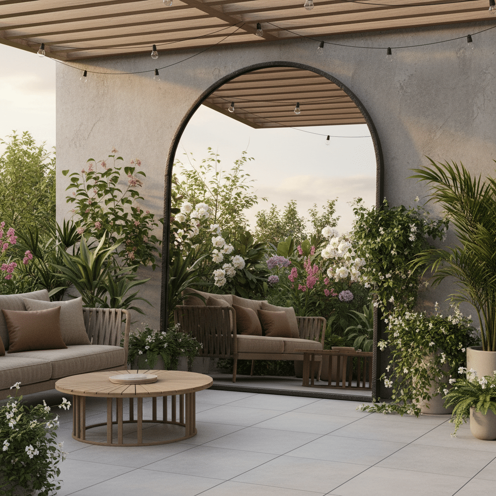 Stylish patio with modern furniture and lush plants under a pergola, creating a serene outdoor oasis.