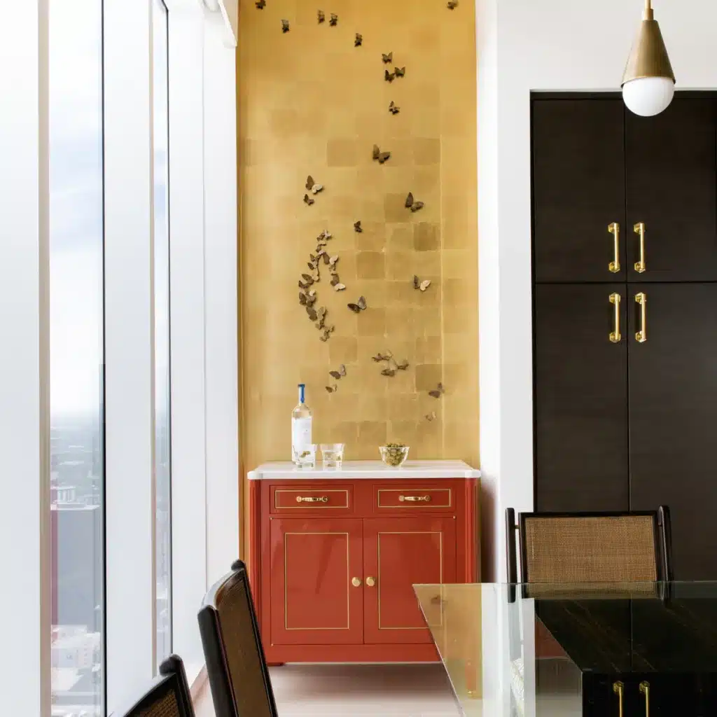 image Elegant dining area with golden butterfly wall art, red cabinet, and glass table in modern apartment. | Sky Rye Design Elegant dining area with golden butterfly wall art, red cabinet, and glass table in modern apartment.