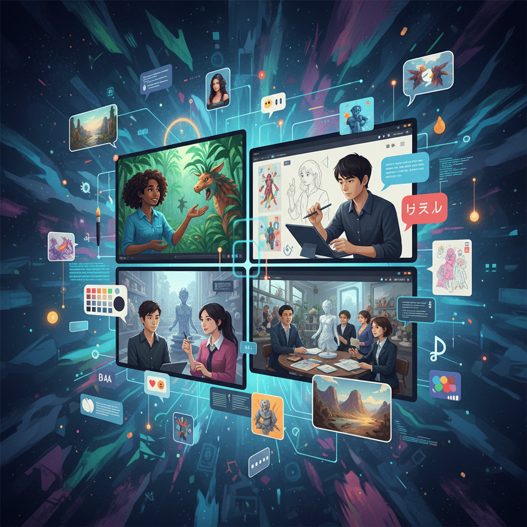 image Digital art collaboration showcasing diverse creators, wildlife scenes, sketching, and group discussions in a dynamic virtual space. | Sky Rye Design Digital art collaboration showcasing diverse creators, wildlife scenes, sketching, and group discussions in a dynamic virtual space.