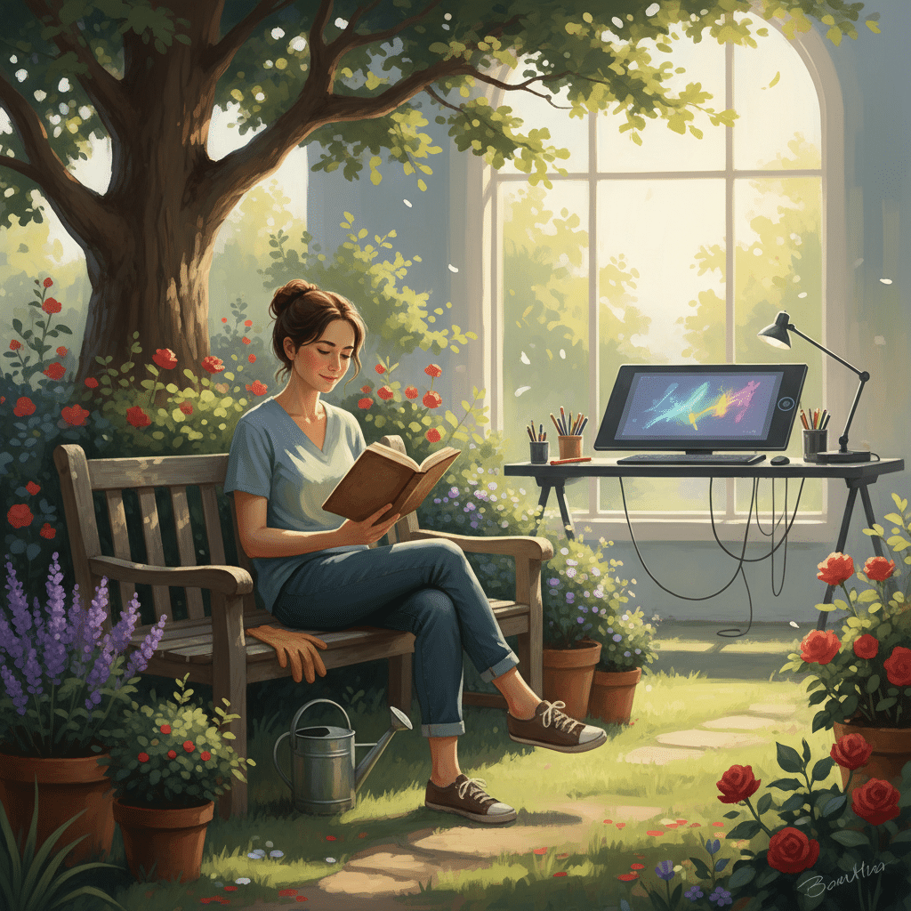 image Woman reading on a garden bench with a digital art workspace nearby, surrounded by flowers and sunshine. | Sky Rye Design Woman reading on a garden bench with a digital art workspace nearby, surrounded by flowers and sunshine.