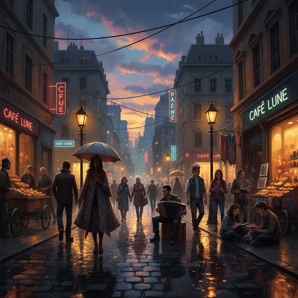 image Colorful evening street scene with people, cafes, and musician in a vibrant city, showcasing urban life and culture. | Sky Rye Design Colorful evening street scene with people, cafes, and musician in a vibrant city, showcasing urban life and culture.