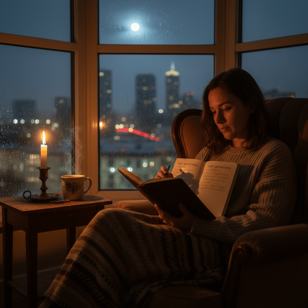 image Woman journaling at night by candlelight, cozy in an armchair with a view of a city skyline and full moon through a window. | Sky Rye Design Woman journaling at night by candlelight, cozy in an armchair with a view of a city skyline and full moon through a window.