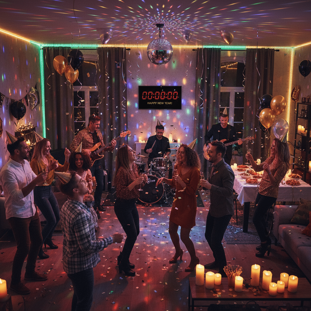 image New Year’s Eve party with friends dancing under disco lights, countdown clock at midnight, and live band playing. | Sky Rye Design New Year’s Eve party with friends dancing under disco lights, countdown clock at midnight, and live band playing.