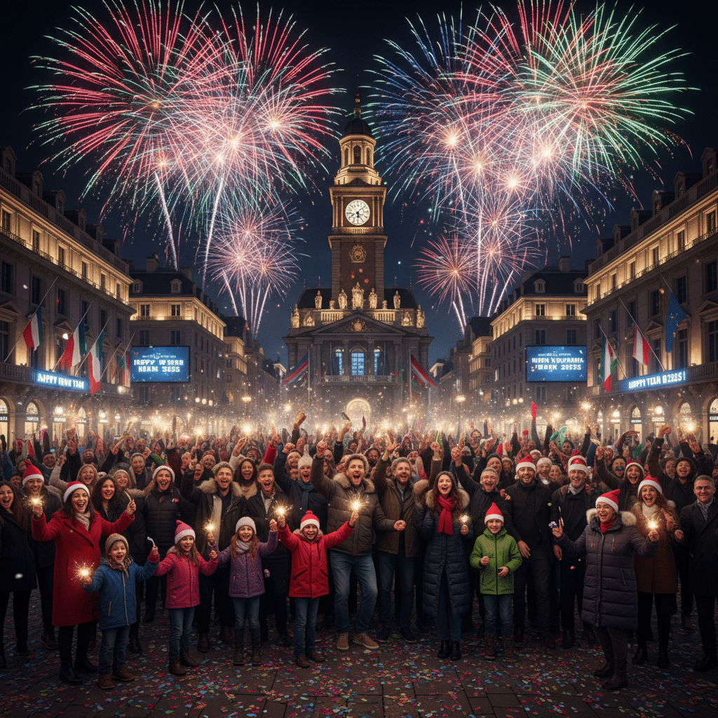 image Crowd celebrating New Year's Eve with fireworks and sparklers in a vibrant city square at night. | Sky Rye Design Crowd celebrating New Year's Eve with fireworks and sparklers in a vibrant city square at night.