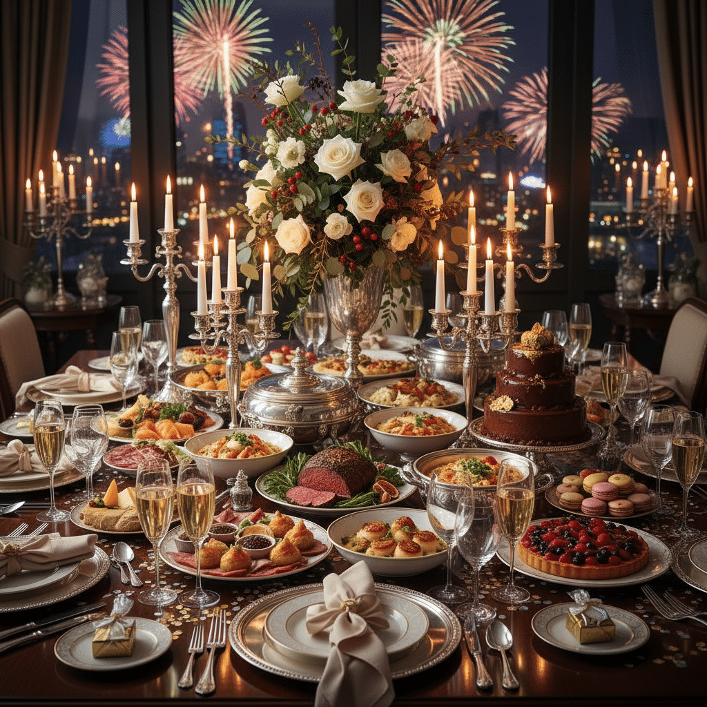 image Elegant dining setup with gourmet dishes and candles, set against a backdrop of colorful fireworks at night. | Sky Rye Design Elegant dining setup with gourmet dishes and candles, set against a backdrop of colorful fireworks at night.