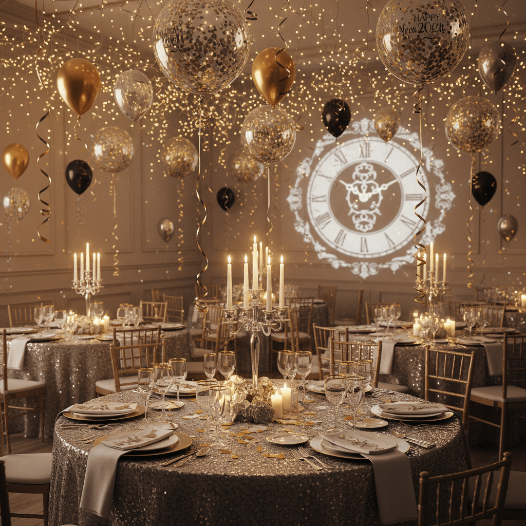 image Elegant New Year's Eve party setup with balloons, candlelit tables, and a clock projection in a festive room. | Sky Rye Design Elegant New Year's Eve party setup with balloons, candlelit tables, and a clock projection in a festive room.