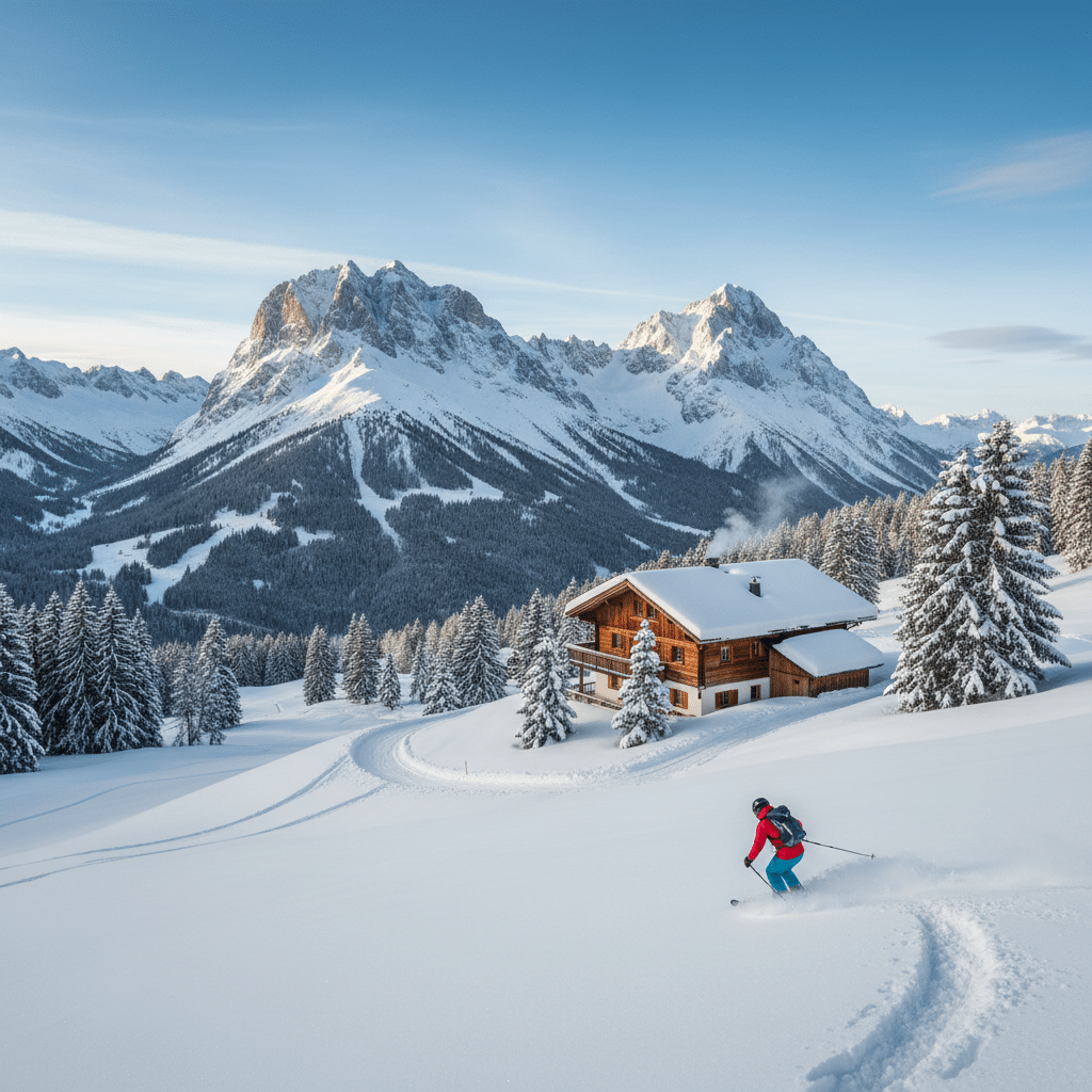 image Skier gliding down snowy slope near a cozy chalet, surrounded by stunning mountain scenery. | Sky Rye Design Skier gliding down snowy slope near a cozy chalet, surrounded by stunning mountain scenery.