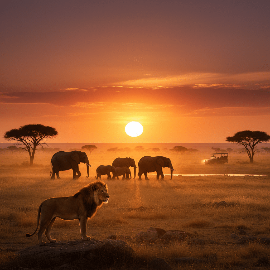 image Lion and elephants at sunset on an African savanna with safari vehicle and Acacia trees in the background. | Sky Rye Design Lion and elephants at sunset on an African savanna with safari vehicle and Acacia trees in the background.