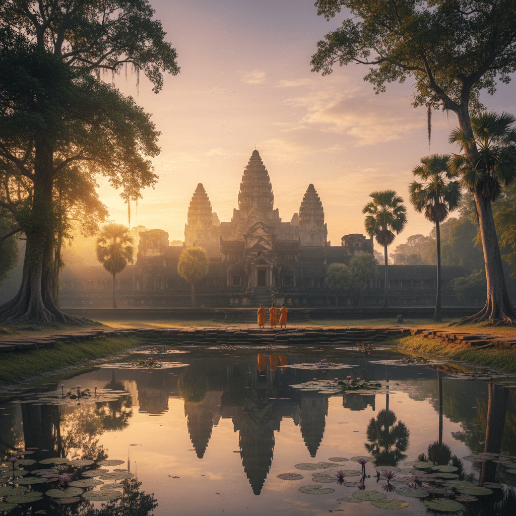 image Sunrise at Angkor Wat with three monks walking by a reflective pond, surrounded by lush greenery and ancient architecture. | Sky Rye Design Sunrise at Angkor Wat with three monks walking by a reflective pond, surrounded by lush greenery and ancient architecture.
