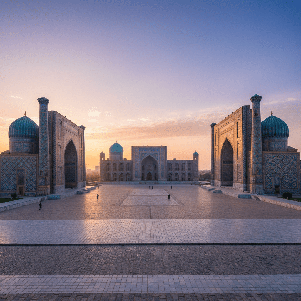 image Sunrise over Registan Square in Samarkand, featuring historic Islamic architecture with blue domes and intricate tiles. | Sky Rye Design Sunrise over Registan Square in Samarkand, featuring historic Islamic architecture with blue domes and intricate tiles.