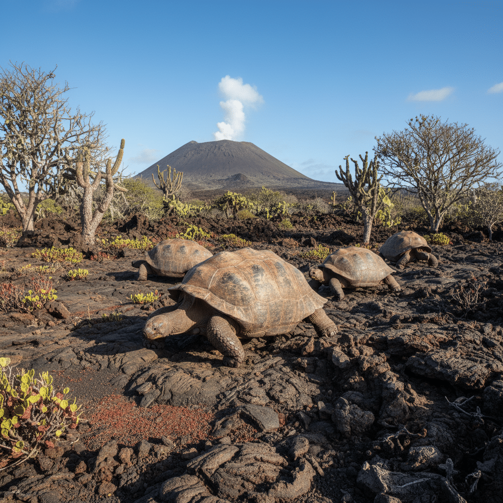 image Giant tortoises roam volcanic terrain with a smoking volcano in the background, Galapagos Islands. | Sky Rye Design Giant tortoises roam volcanic terrain with a smoking volcano in the background, Galapagos Islands.
