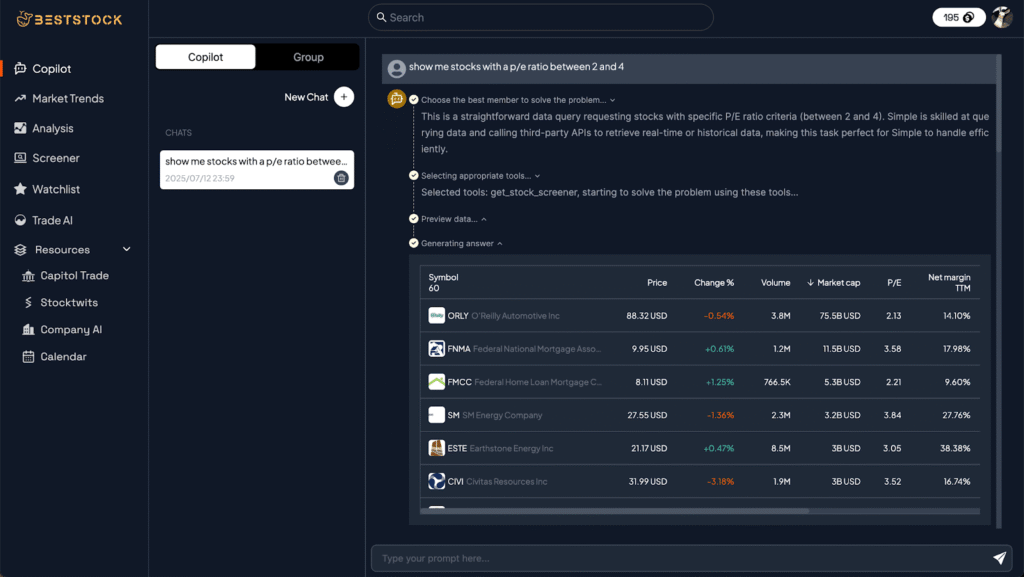Stock screener interface displaying stocks with P/E ratio between 2 and 4, including symbols, prices, and market data.