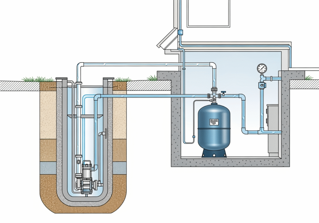 image Cross-section diagram of a domestic water well system with pump, pipes, and pressure tank in a basement setup. | Sky Rye Design Cross-section diagram of a domestic water well system with pump, pipes, and pressure tank in a basement setup.