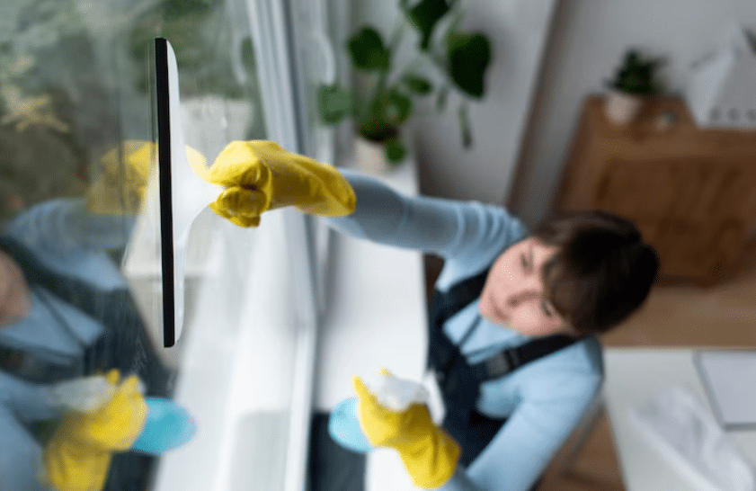 image Person cleaning a window with a squeegee, wearing yellow gloves and holding a cloth in a bright room. | Sky Rye Design Person cleaning a window with a squeegee, wearing yellow gloves and holding a cloth in a bright room.