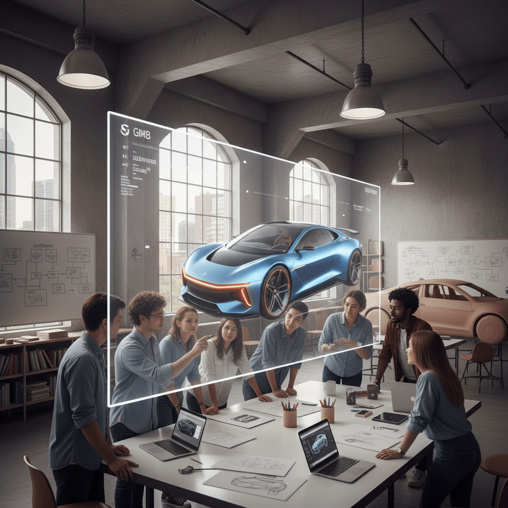 image Design team discusses futuristic blue car in a modern office, engaged with digital holographic display. | Sky Rye Design Design team discusses futuristic blue car in a modern office, engaged with digital holographic display.
