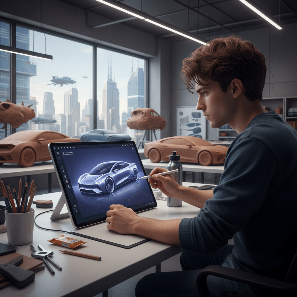 image Car designer using a digital tablet in modern studio, sketching futuristic vehicle concepts with cityscape in background. | Sky Rye Design Car designer using a digital tablet in modern studio, sketching futuristic vehicle concepts with cityscape in background.