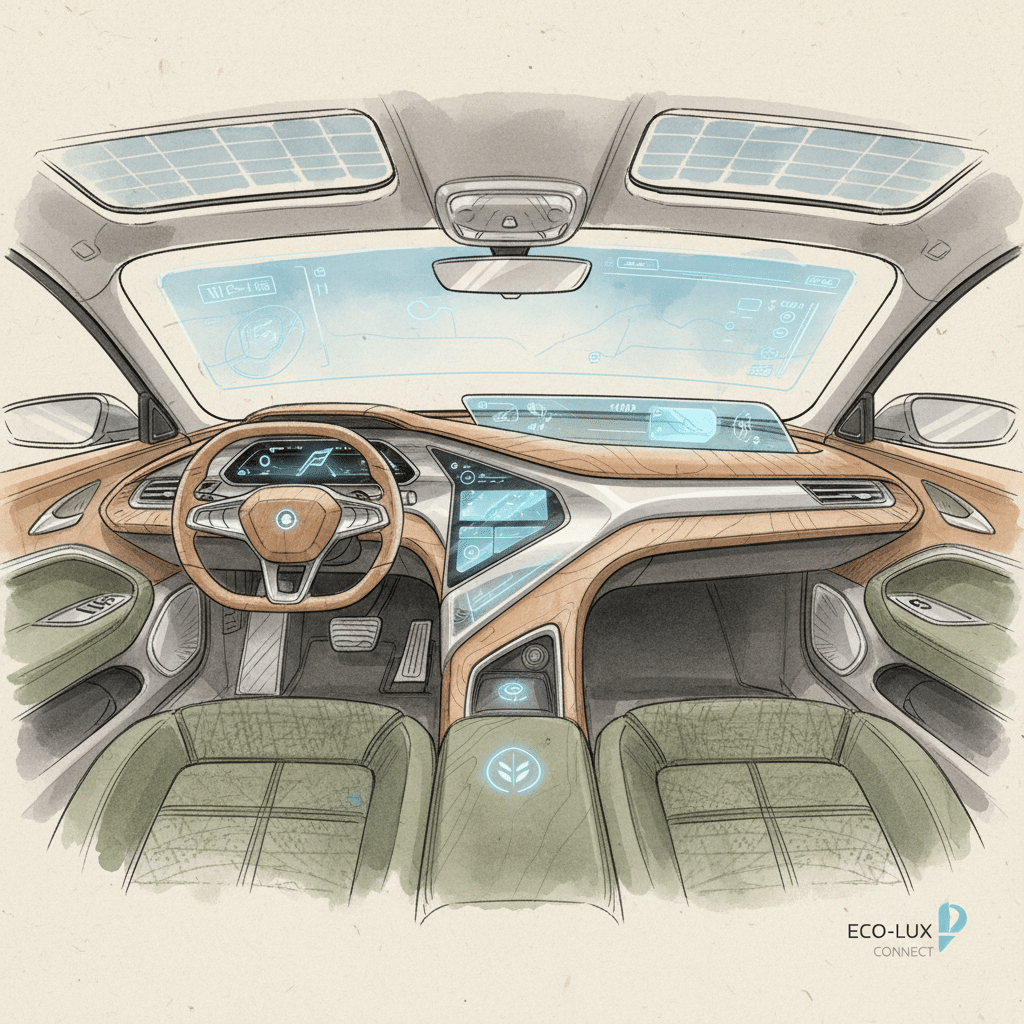 image Futuristic eco-friendly car interior design with digital dashboard and sustainable materials. | Sky Rye Design Futuristic eco-friendly car interior design with digital dashboard and sustainable materials.