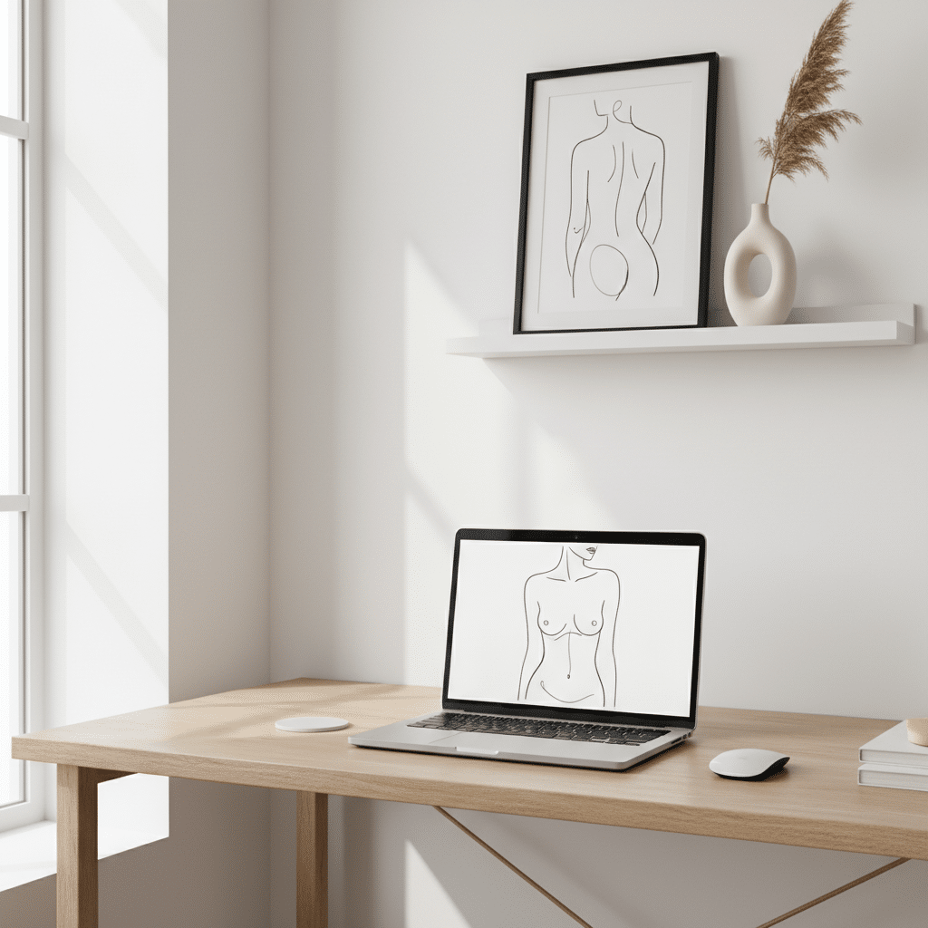 image Minimalist home office desk with laptop and abstract line art decor, natural light brightens the modern workspace. | Sky Rye Design Minimalist home office desk with laptop and abstract line art decor, natural light brightens the modern workspace.