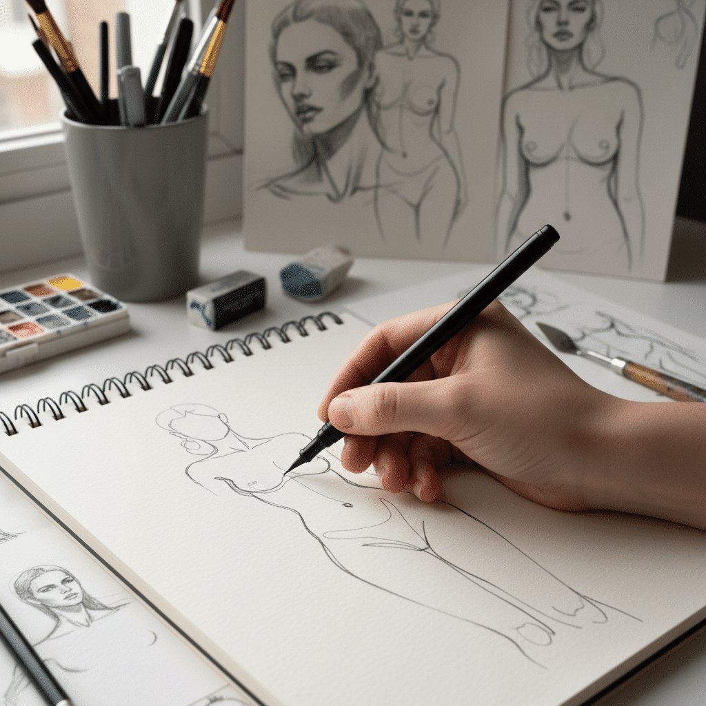 image Hand sketching a female figure in a notebook, surrounded by art supplies and detailed portrait sketches. | Sky Rye Design Hand sketching a female figure in a notebook, surrounded by art supplies and detailed portrait sketches.