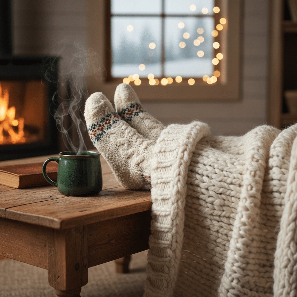 Cozy winter scene: Feet in warm socks by a fire, coffee steaming on a wooden table, and a blanket.
