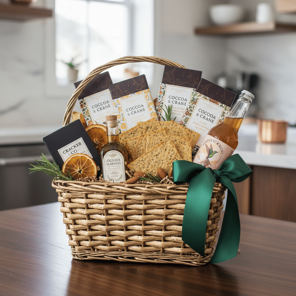 Gift basket with chocolates, crackers, olive oil, and sparkling drink in a kitchen setting.