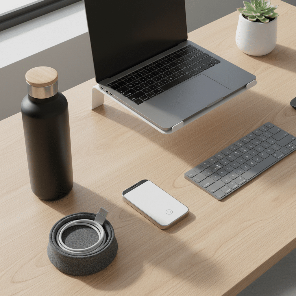 Modern desk setup with laptop, wireless keyboard, smartphone, water bottle, charger, and succulent plant in natural light.