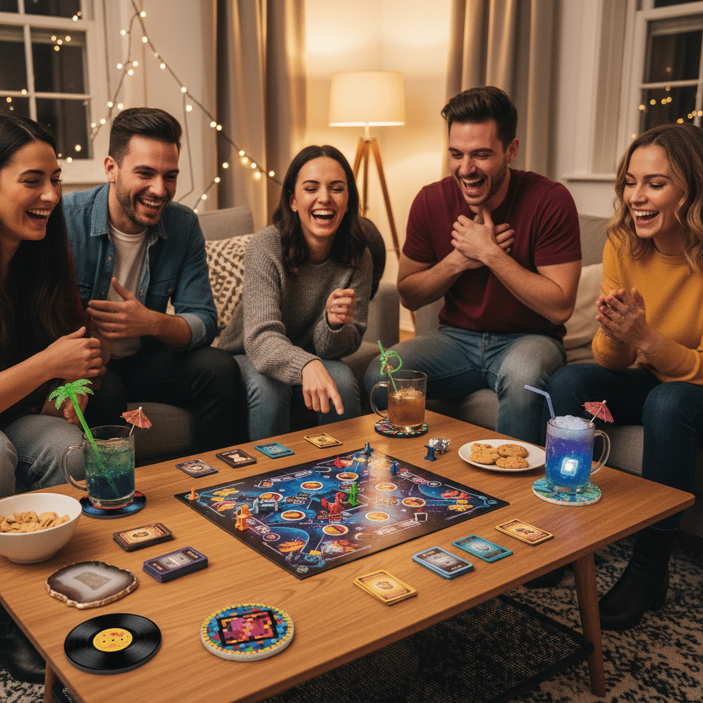 Friends enjoying a fun board game night with drinks and snacks on a cozy evening.