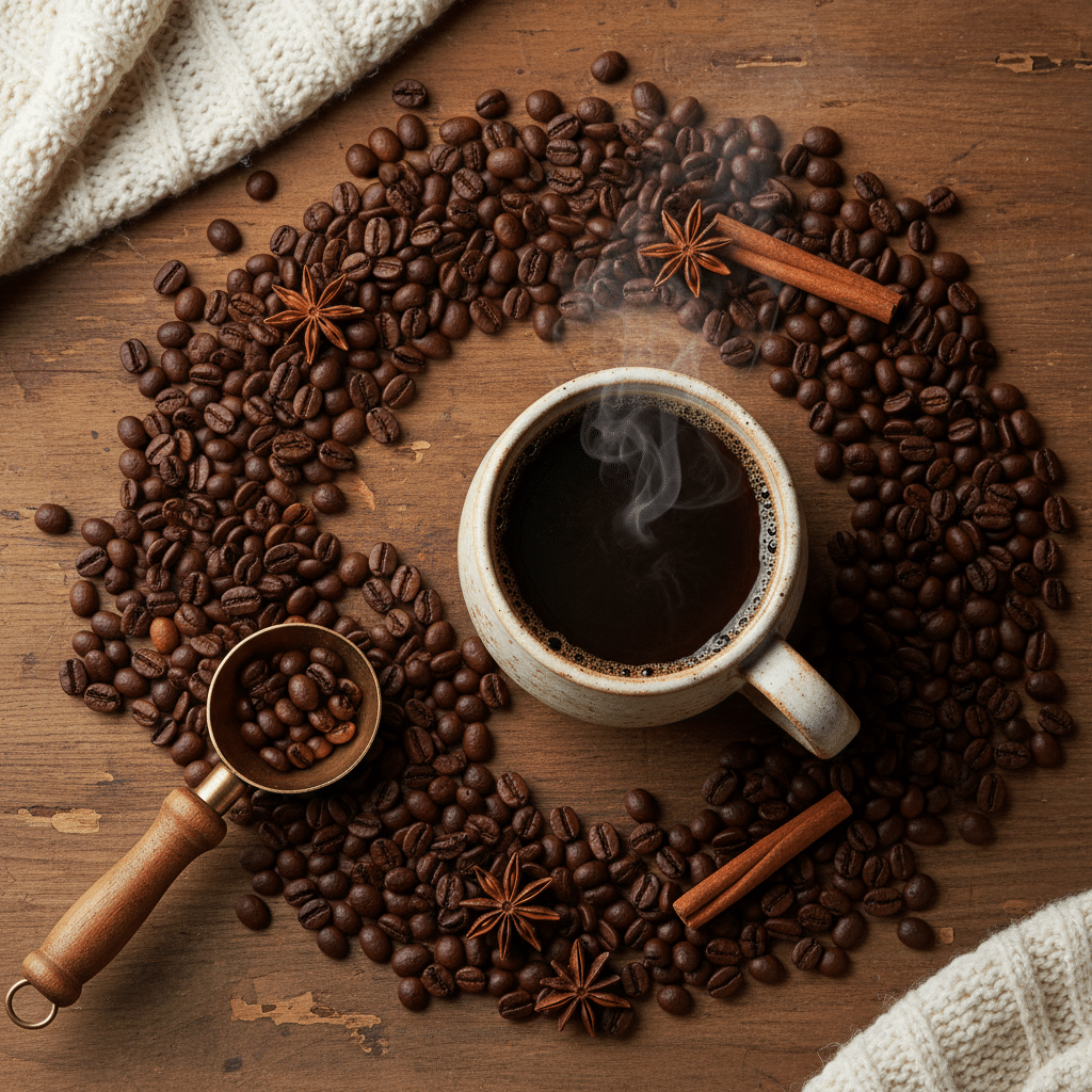 Steaming coffee cup surrounded by roasted beans, spices, and knitted cloth on wooden table. Cozy and inviting atmosphere.
