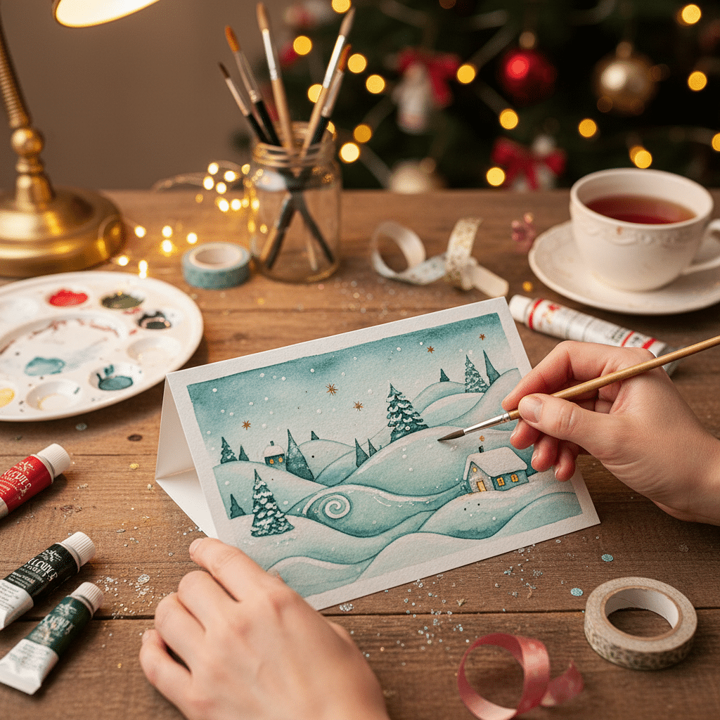 Person painting a snowy winter scene on a card, surrounded by art supplies, holiday lights, and a cup of tea.