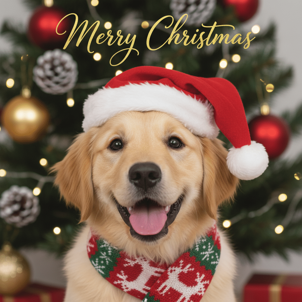 Golden retriever in Santa hat and scarf with Christmas tree.