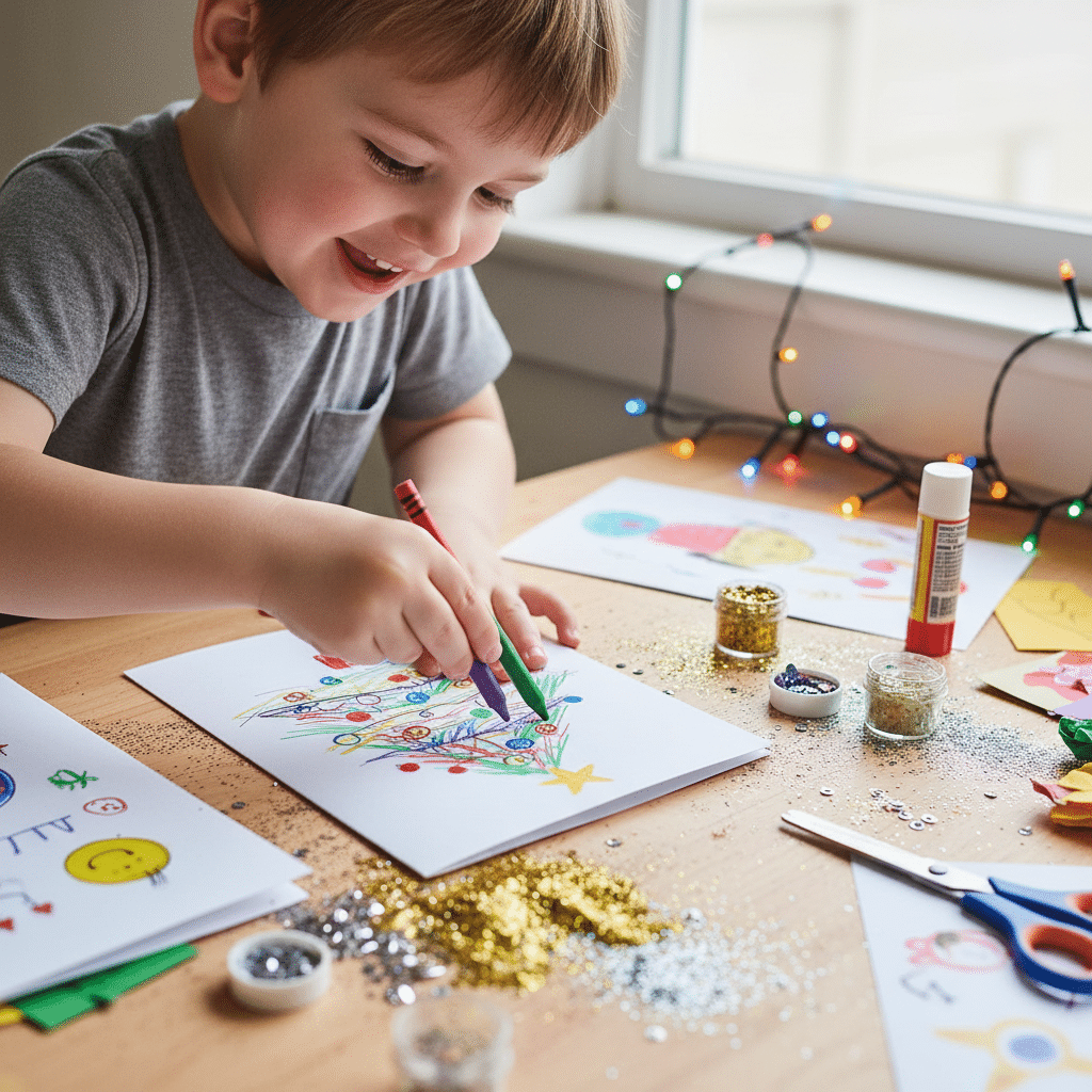 Child joyfully drawing a colorful holiday card with crayons, surrounded by glitter and craft supplies, festive lights twinkling.