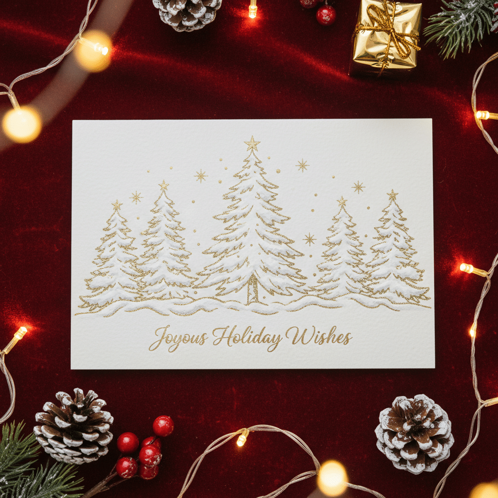 Festive holiday card with snow-covered Christmas trees and Joyous Holiday Wishes message on a rich red background.