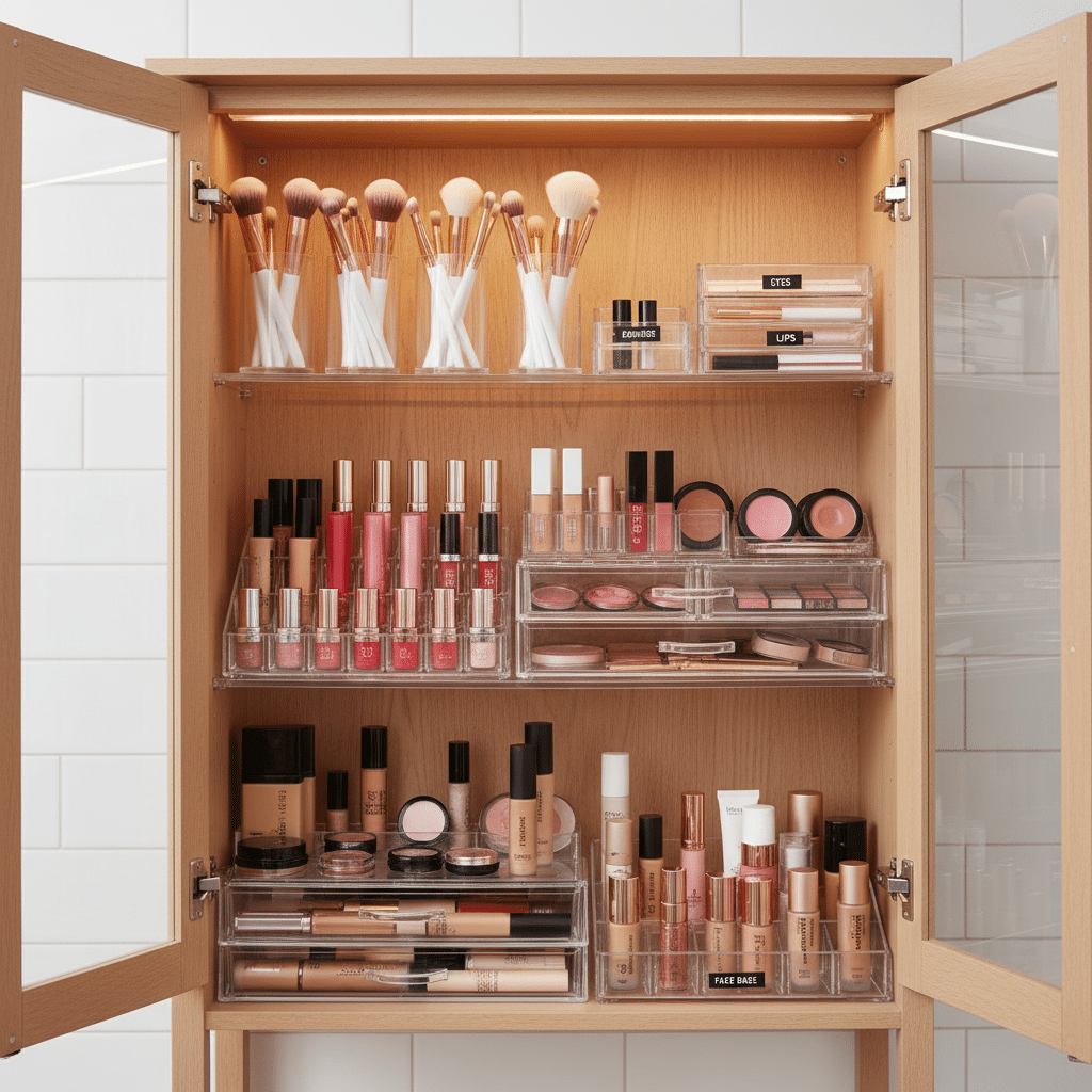 image Organized makeup cabinet with brushes, lipsticks, blushes, and foundations neatly arranged on shelves in a bathroom. | Sky Rye Design Organized makeup cabinet with brushes, lipsticks, blushes, and foundations neatly arranged on shelves in a bathroom.