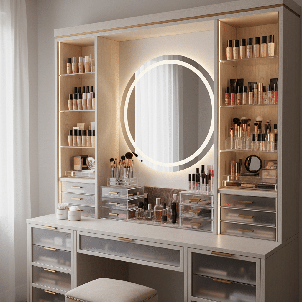 image Elegant vanity with makeup, brushes, and round lighted mirror in a well-organized beauty corner. | Sky Rye Design Elegant vanity with makeup, brushes, and round lighted mirror in a well-organized beauty corner.
